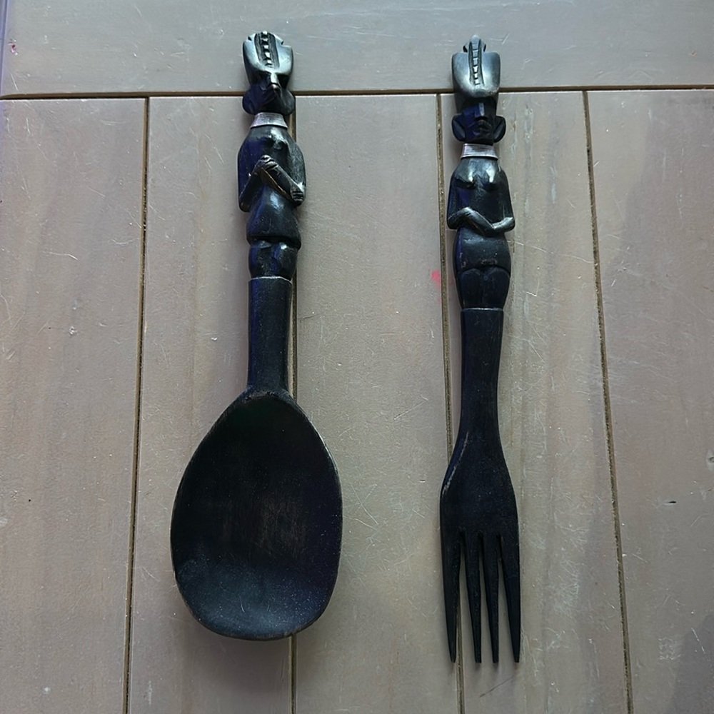 Vintage African salad fork and serving spoon